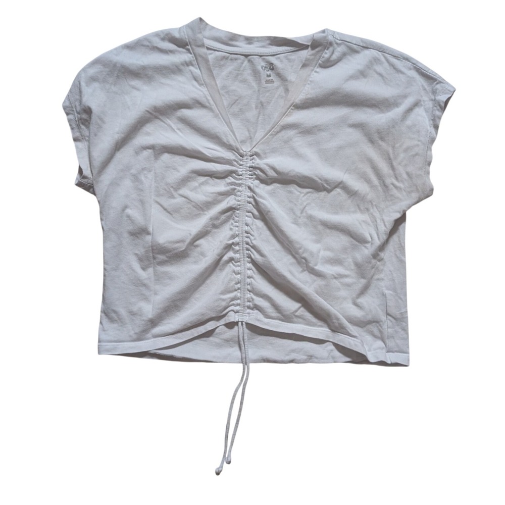 DSG White Cinched Front Baby Tee V-Neck Cropped Short Sleeve Top Womens Size M